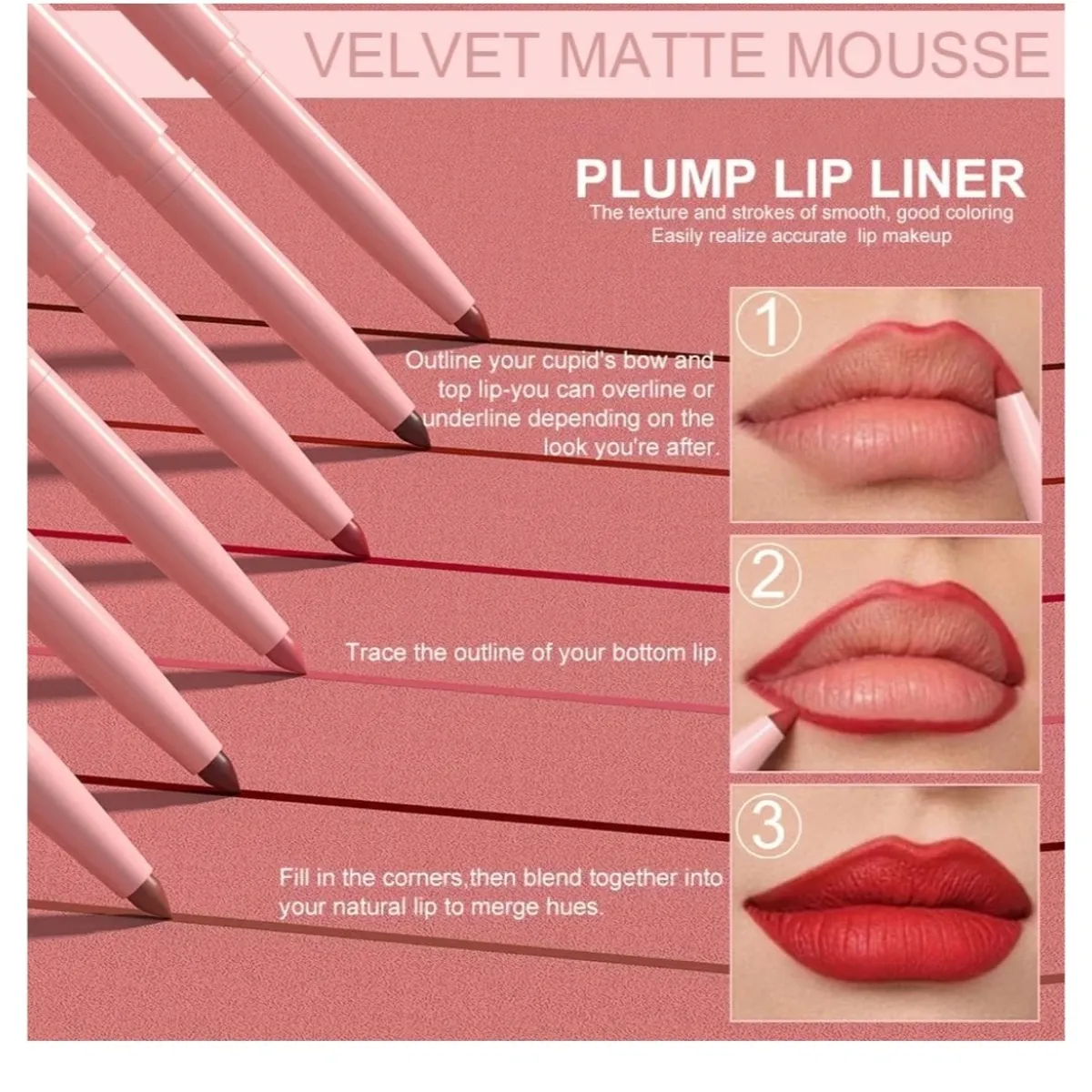 6 Colors Retractable Lip Liner Kit for Define & Sculpting Lips Shades, Long Lasting Waterproof High Pigment Matte Finish Creamy Texture Lip Liner Pencil Set for Women, #01