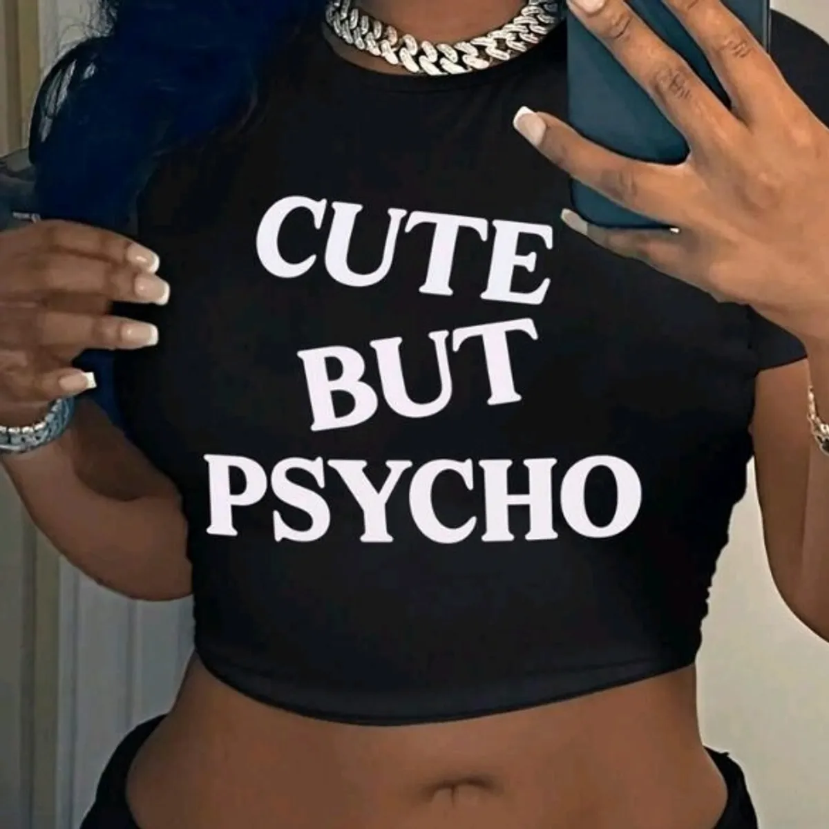 Women's Black"Cute But Psycho" Graphic Round Neck Short Sleeve Cropped Top-Size XS