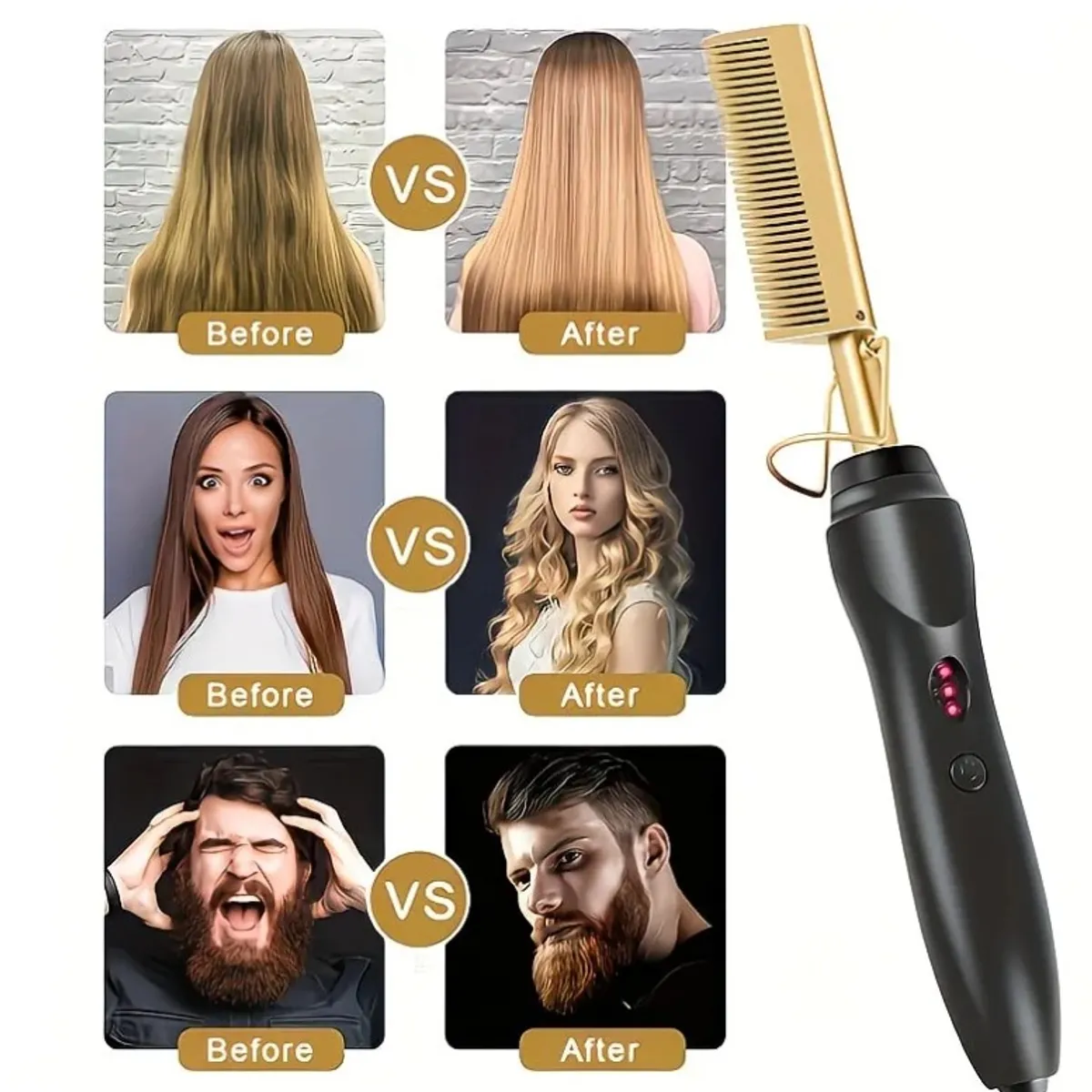 Professional 2-in-1 Straightener and Curling Iron Comb, Titanium Coated Electric Comb, Wet plus Dry Styling Tool with Adjustable Temperature