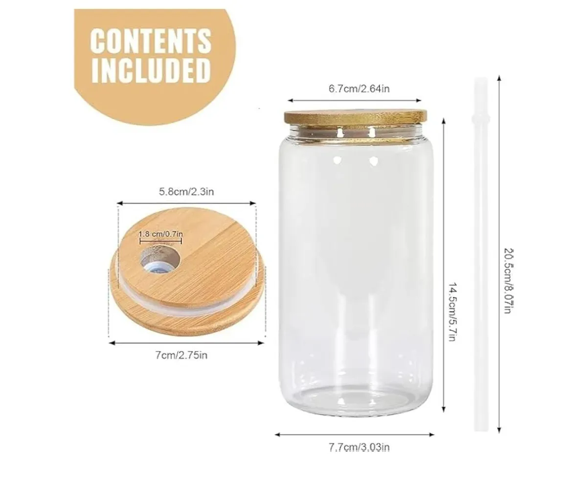 16oz Sublimation Glass Cups With Bamboo Lid And Straw