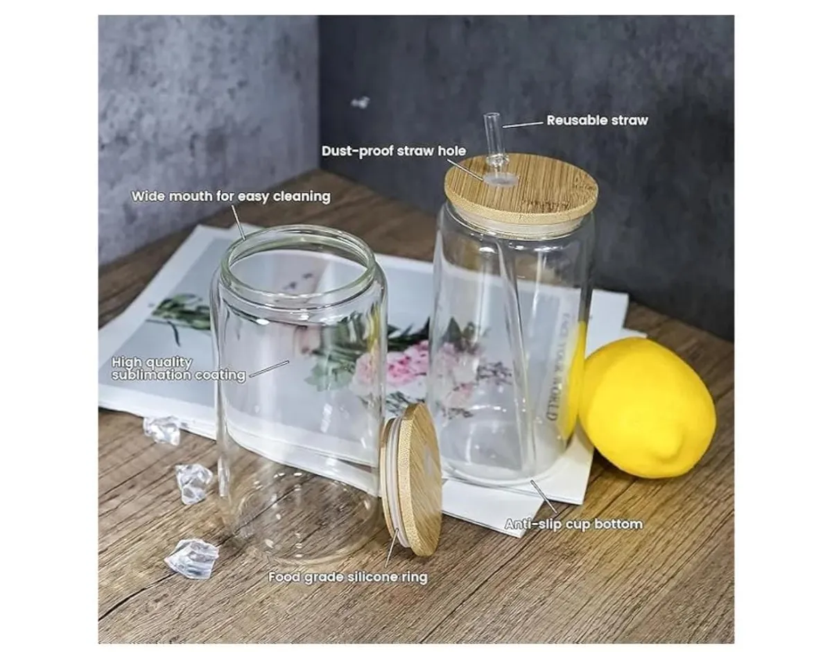16oz Sublimation Glass Cups With Bamboo Lid And Straw
