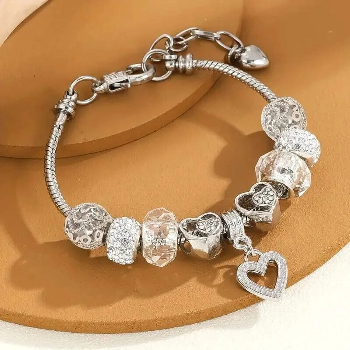 Sparkling Heart Rhinestone Charm Bead Bracelet