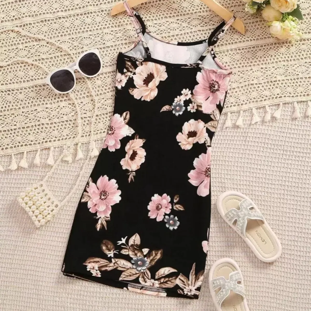 Girl's Black Flower Print Casual Cami Dress  -Size 10Y