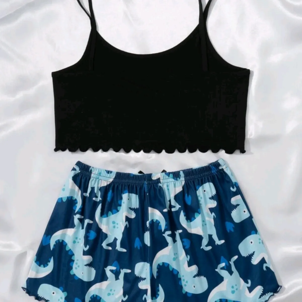 Dinosaur Print Bow Detail Scallop Trim PJ Set / Pajama Set Bow Tie - Size: M