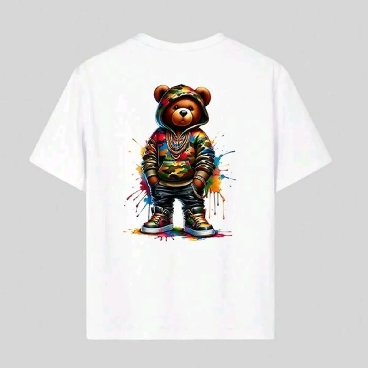 Boy's White Teddy Bear Colorful T-Shirt-Size 13Y