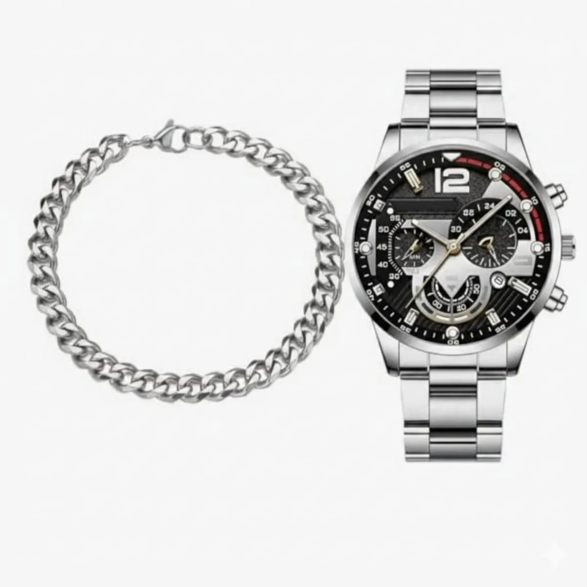 2Pcs Men's Silver Watch Set With Bracelet