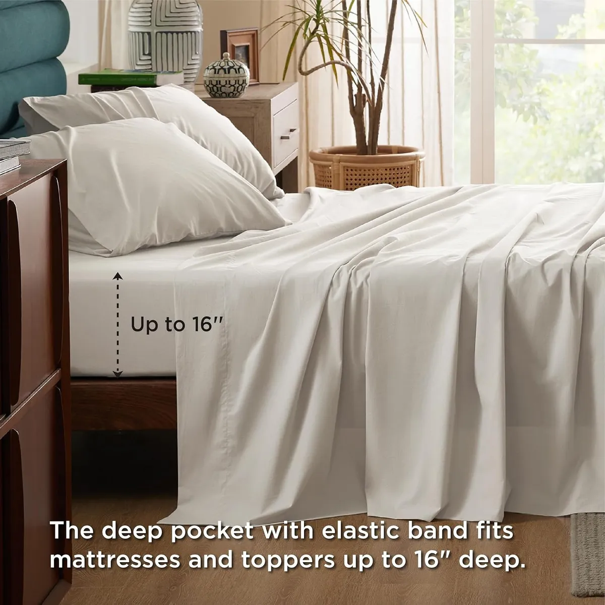 Bedsure 100% Cotton Percale Sheets Queen Size, Queen Sheet Set with Deep Pocket Up to 16 Inches, Breathable & Crisp Soft, Bedsheet & Pillowcase Sets, 4 Pieces, Linen