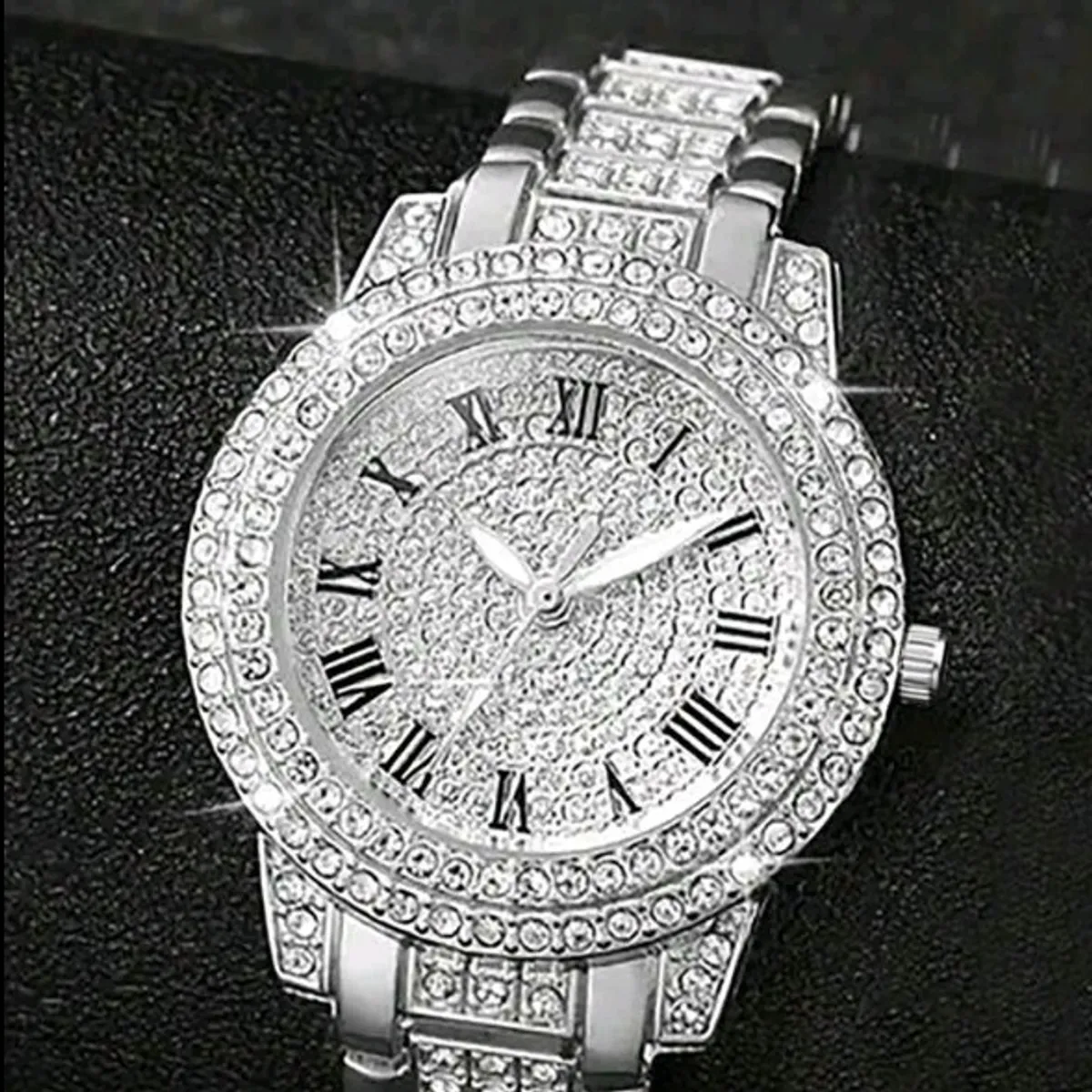 2pcs  Sliver Rhinestone Quartz Watch & Cuban Link  Bracelet Set