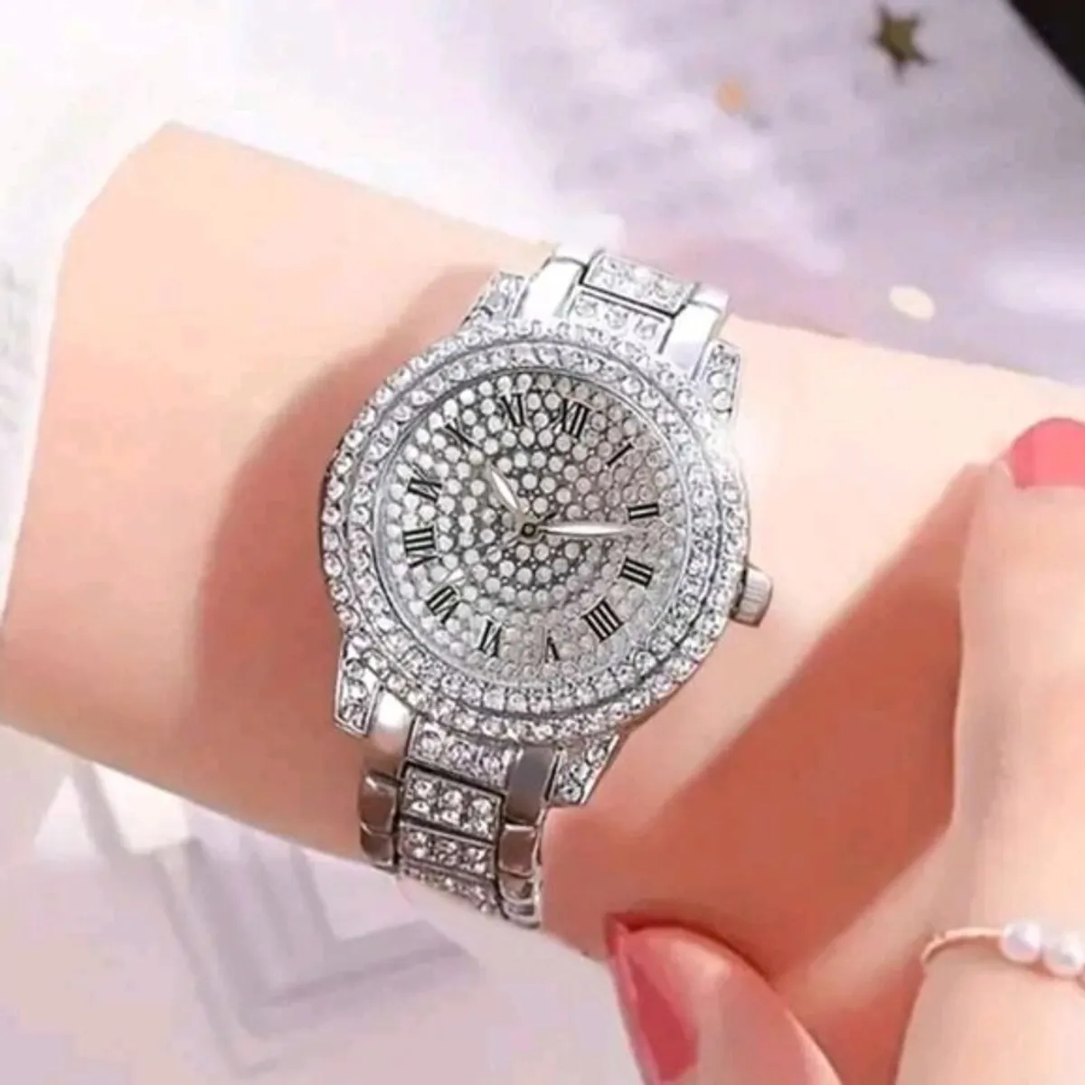 2pcs/ Set Women's  Silver Rhinestones Watches & Bracelet