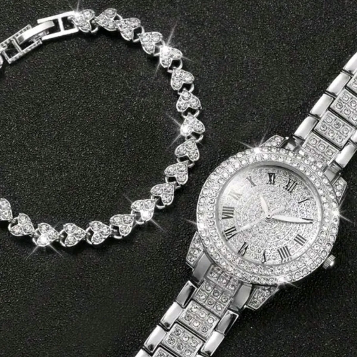 2pcs/ Set Women's  Silver Rhinestones Watches & Bracelet