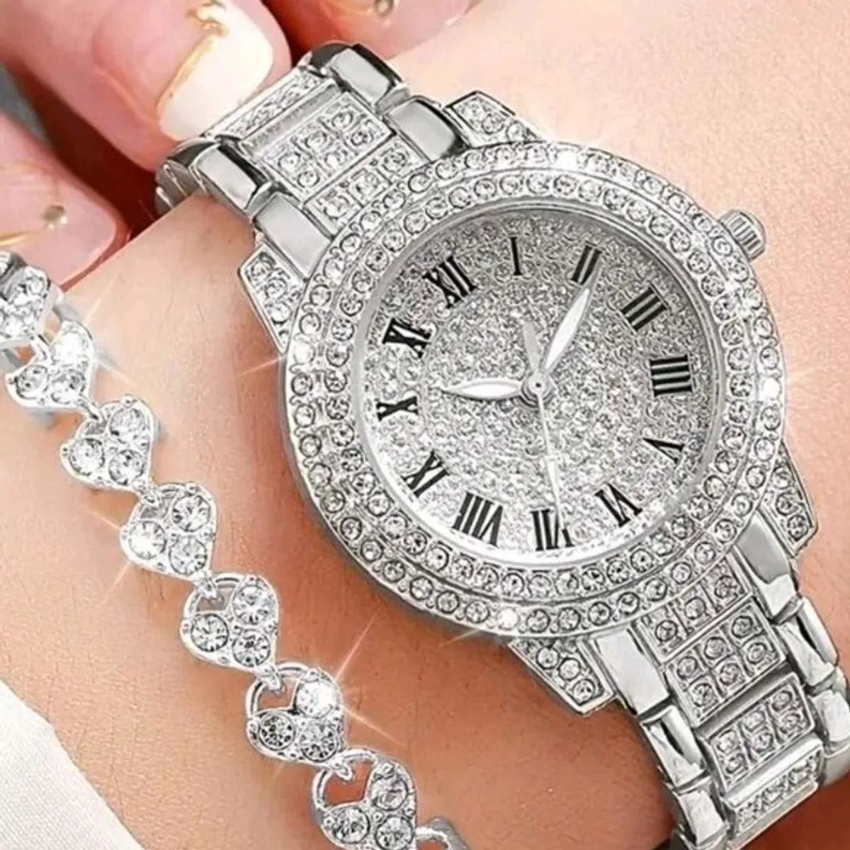 2pcs/ Set Women's  Silver Rhinestones Watches & Bracelet