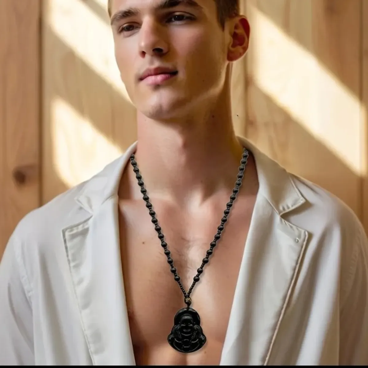 Glass Imitation Obsidian Buddha Bead Necklace
