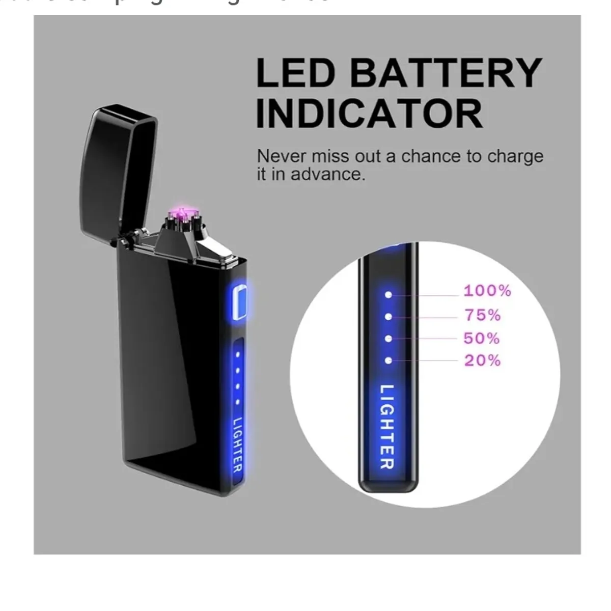 Electric Lighter with LED Battery Indicator , Rechargeable Windproof Flameless