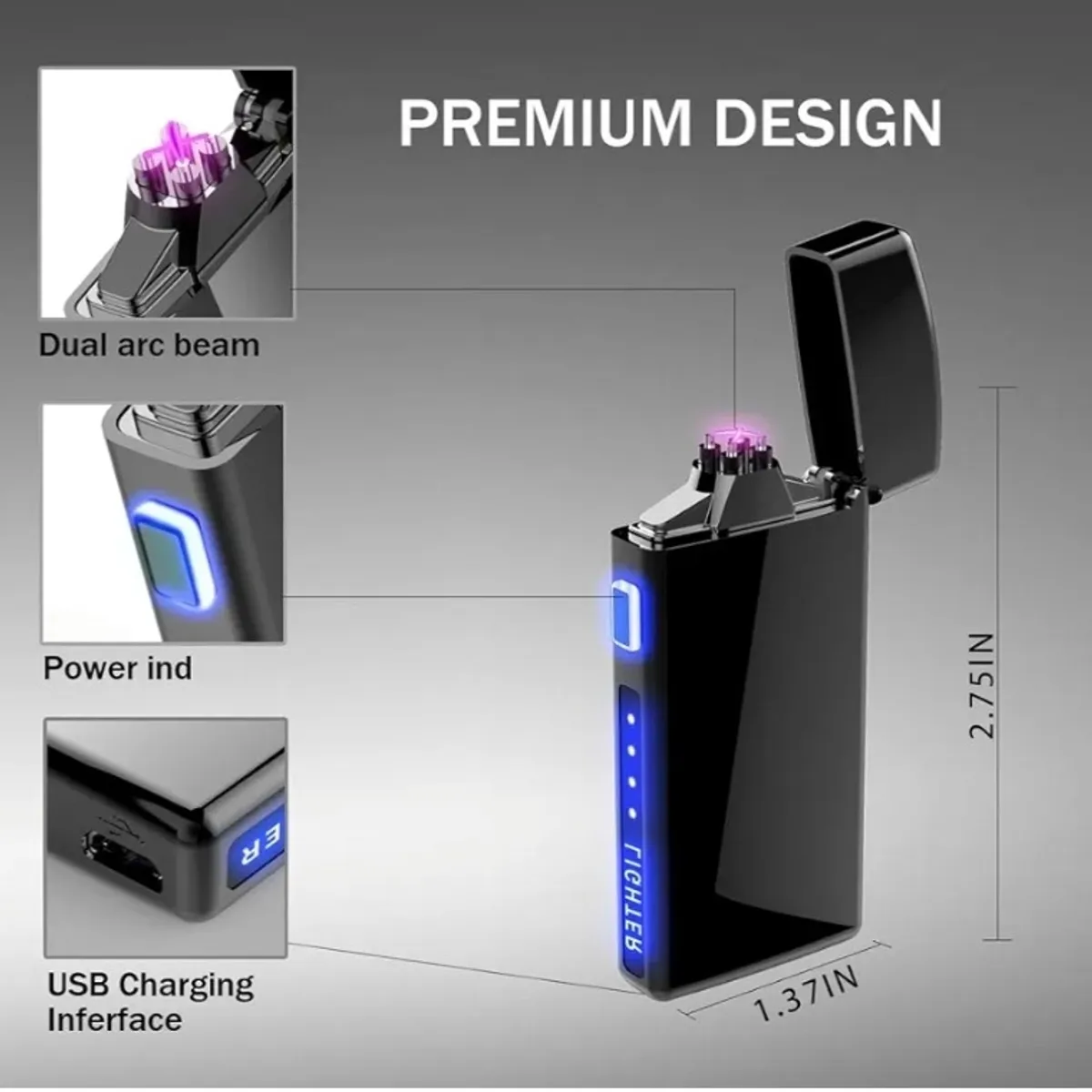Electric Lighter with LED Battery Indicator , Rechargeable Windproof Flameless