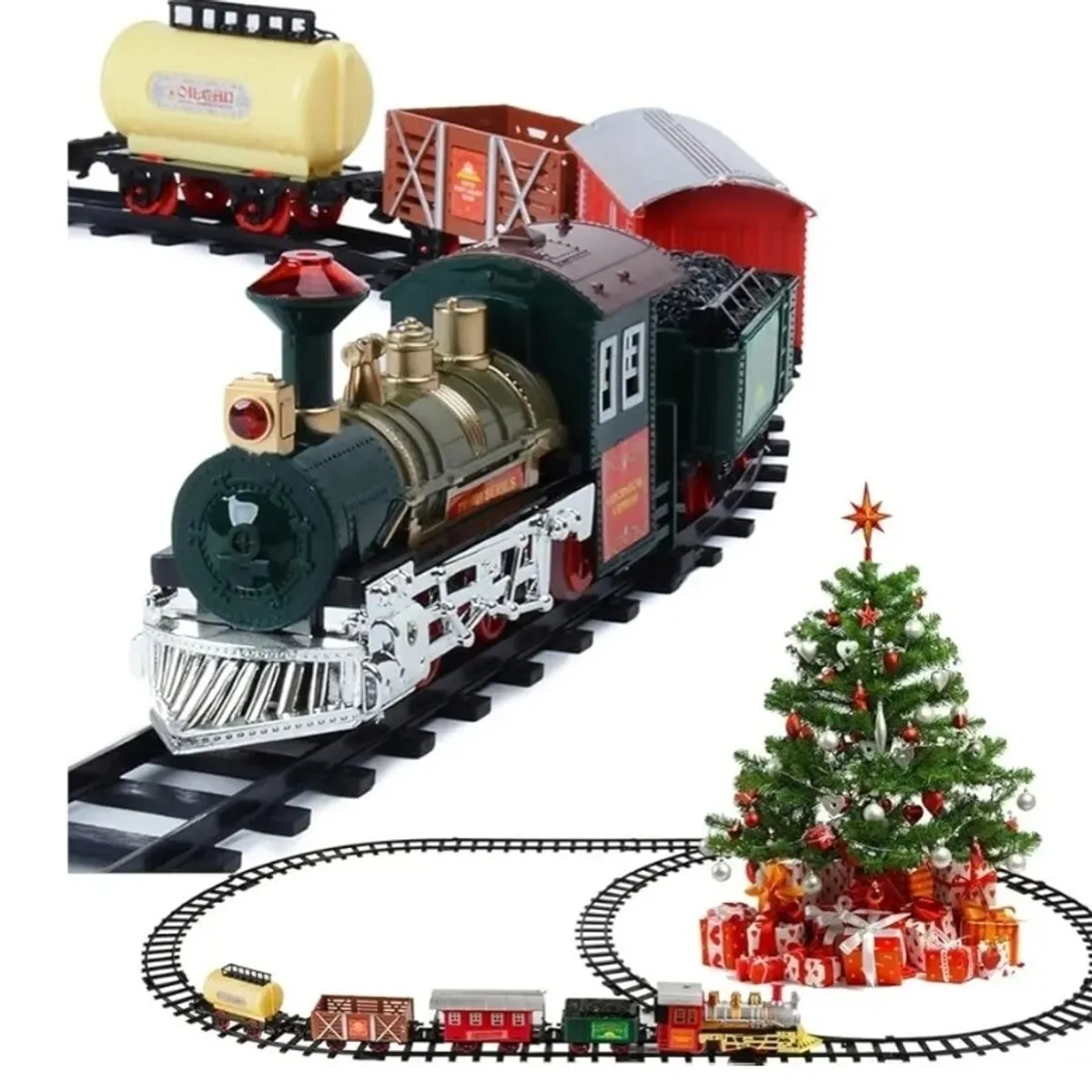 Classic Christmas Train Toys Set with Lights and Sounds, Electric Train Set with Tracks, Locomotive Engine, Cargo Car, Coal Cargo, Passenger Coach