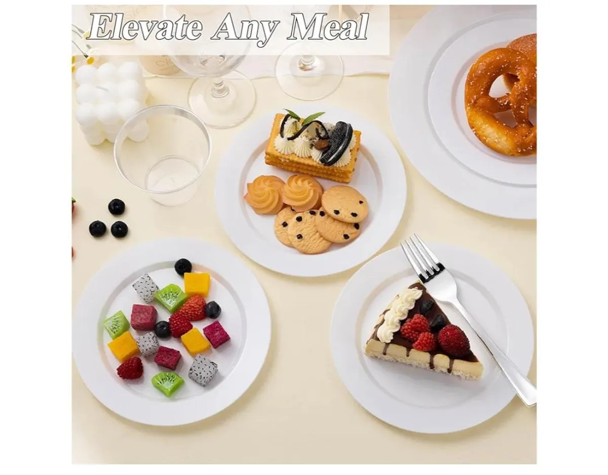 200Pcs White Plastic Plates Set, 100 10.25 Inch Dinner Plate And 100 7.5 inch Dessert Plates