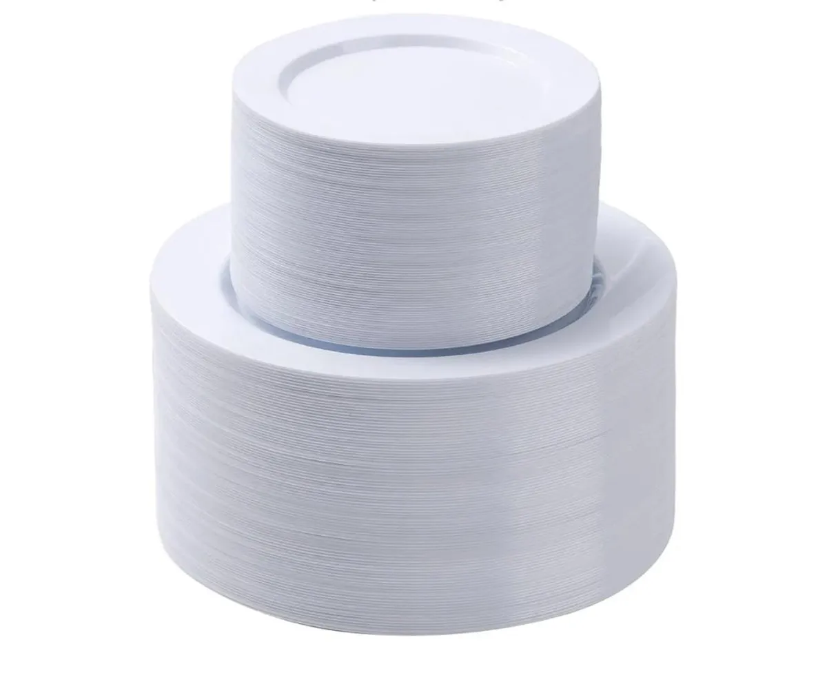 200Pcs White Plastic Plates Set, 100 10.25 Inch Dinner Plate And 100 7.5 inch Dessert Plates