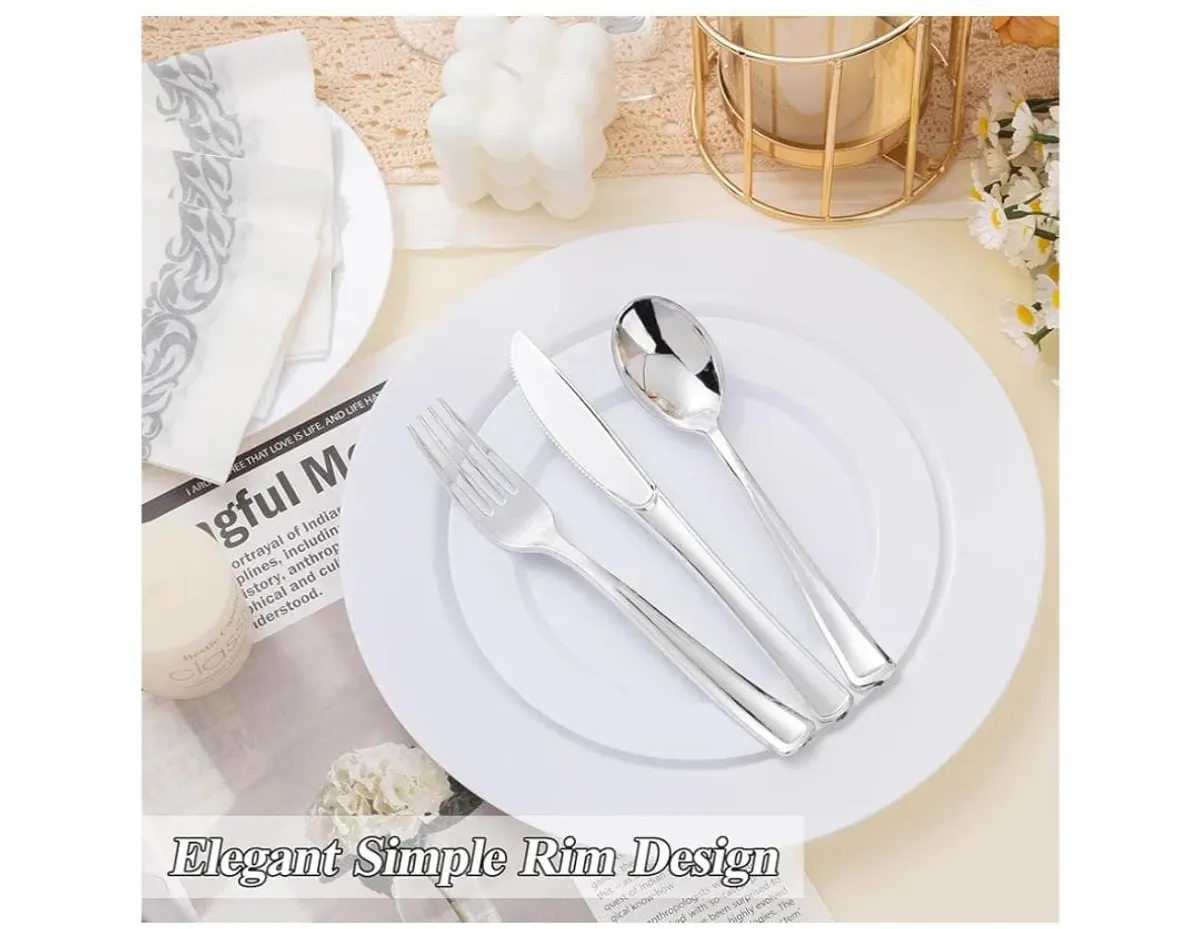 200Pcs White Plastic Plates Set, 100 10.25 Inch Dinner Plate And 100 7.5 inch Dessert Plates