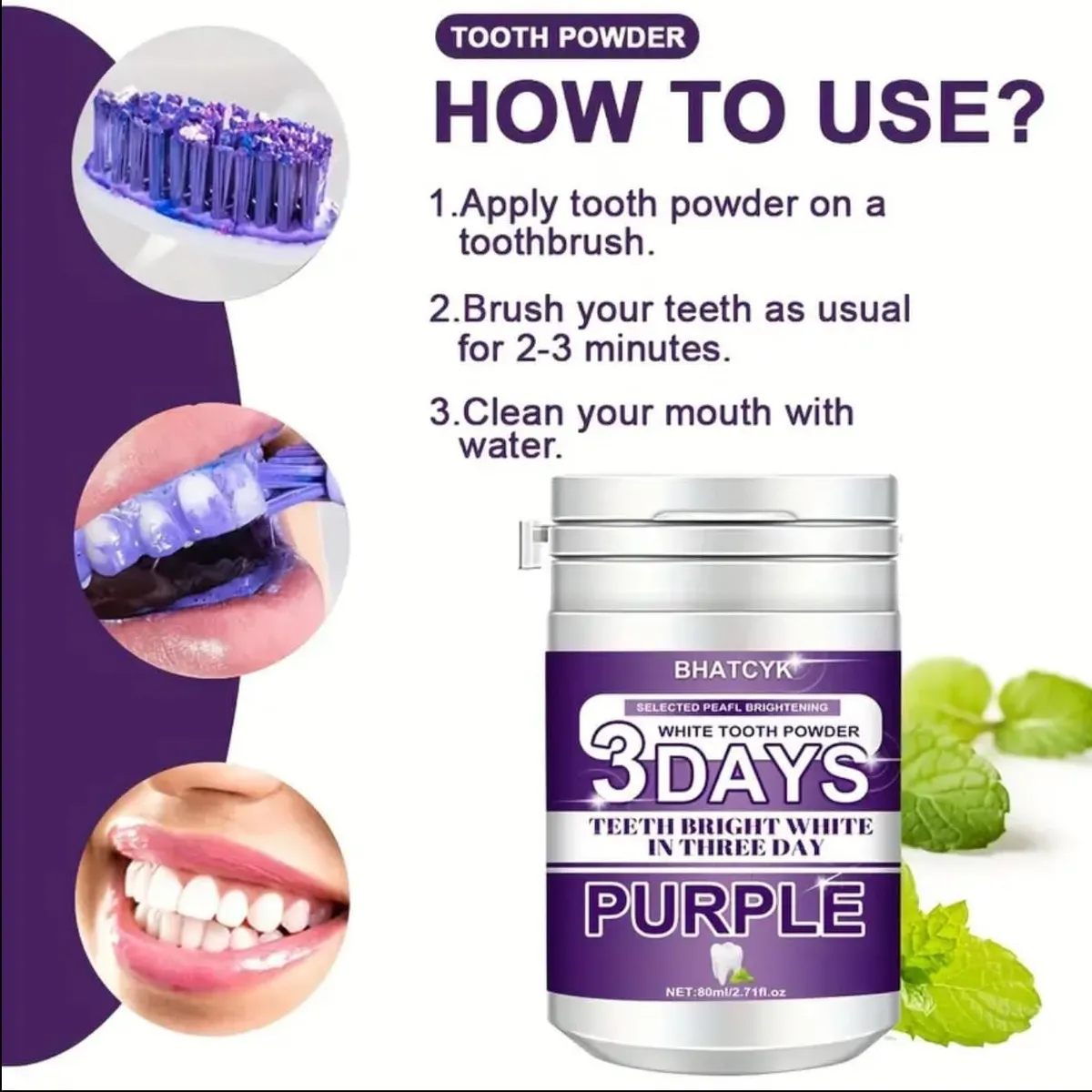 3 Days Teeth Brightening Powder, Purple, 2.71 fl oz