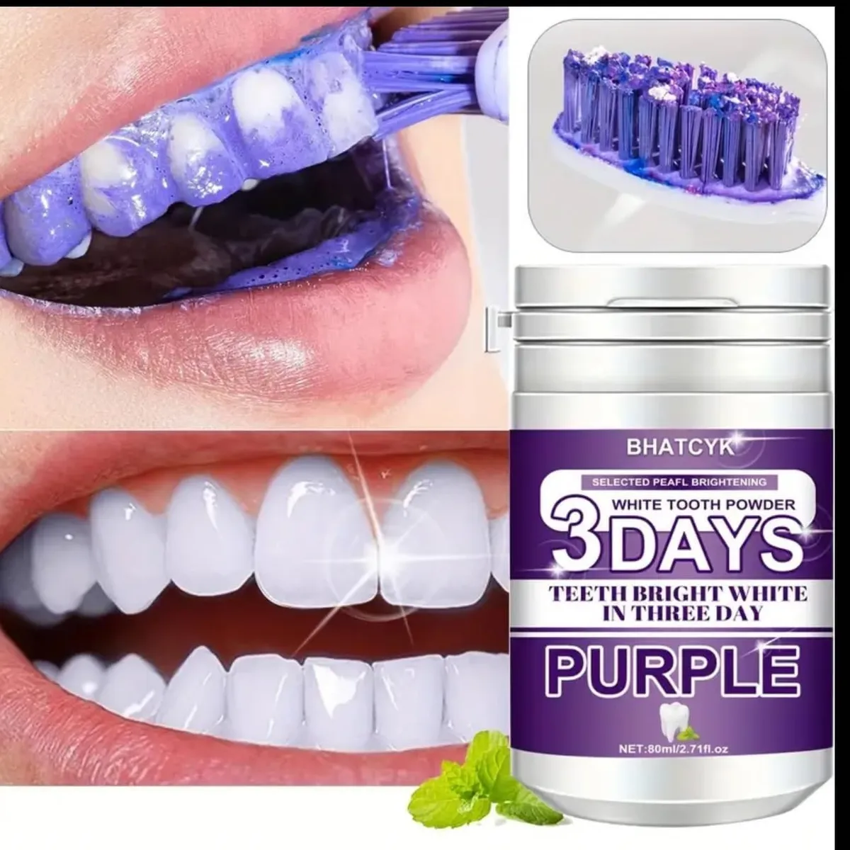 3 Days Teeth Brightening Powder, Purple, 2.71 fl oz