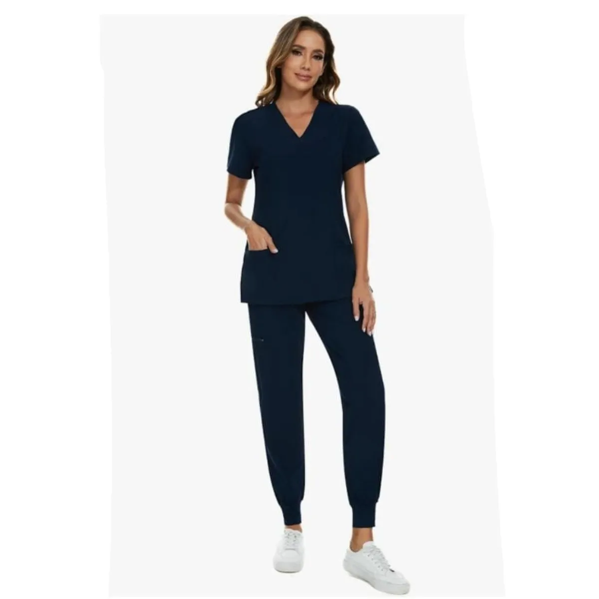 COZYFIT Navy Blue Scrubs For Women Set, Stretch V-Neck Scrub Top & Jogger Pant  - Size M