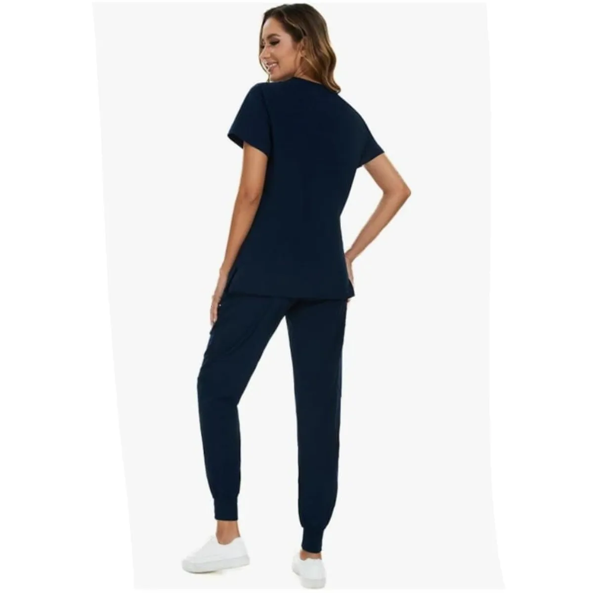 COZYFIT Navy Blue Scrubs For Women Set, Stretch V-Neck Scrub Top & Jogger Pant  - Size M
