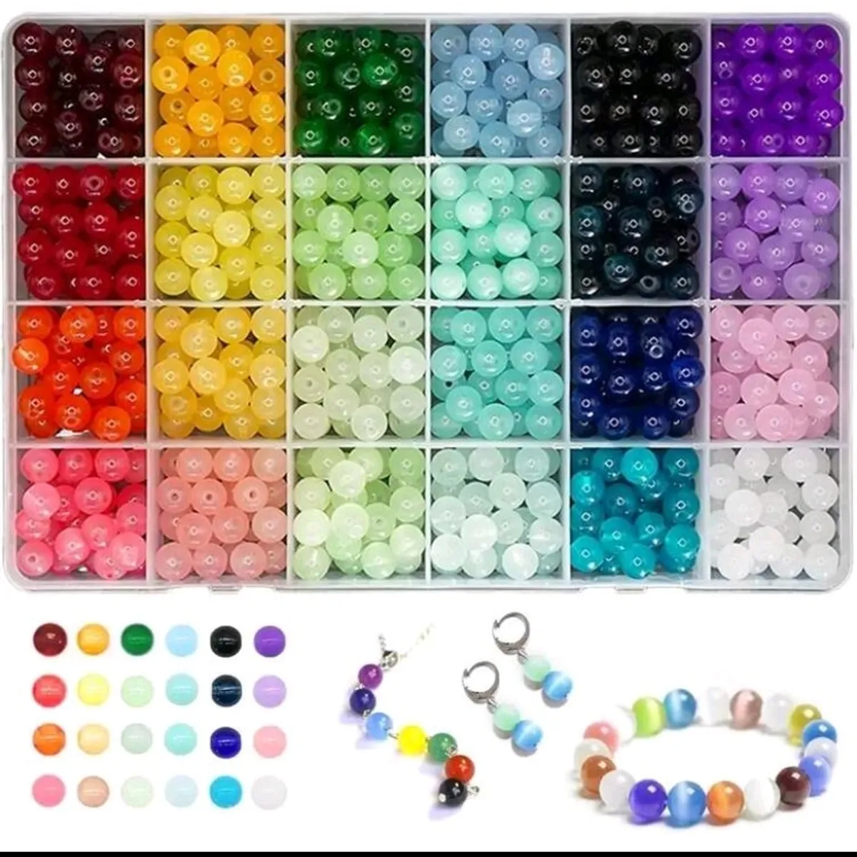 24 Color Glass Beads Kit, 8mm Bracelet Making Set