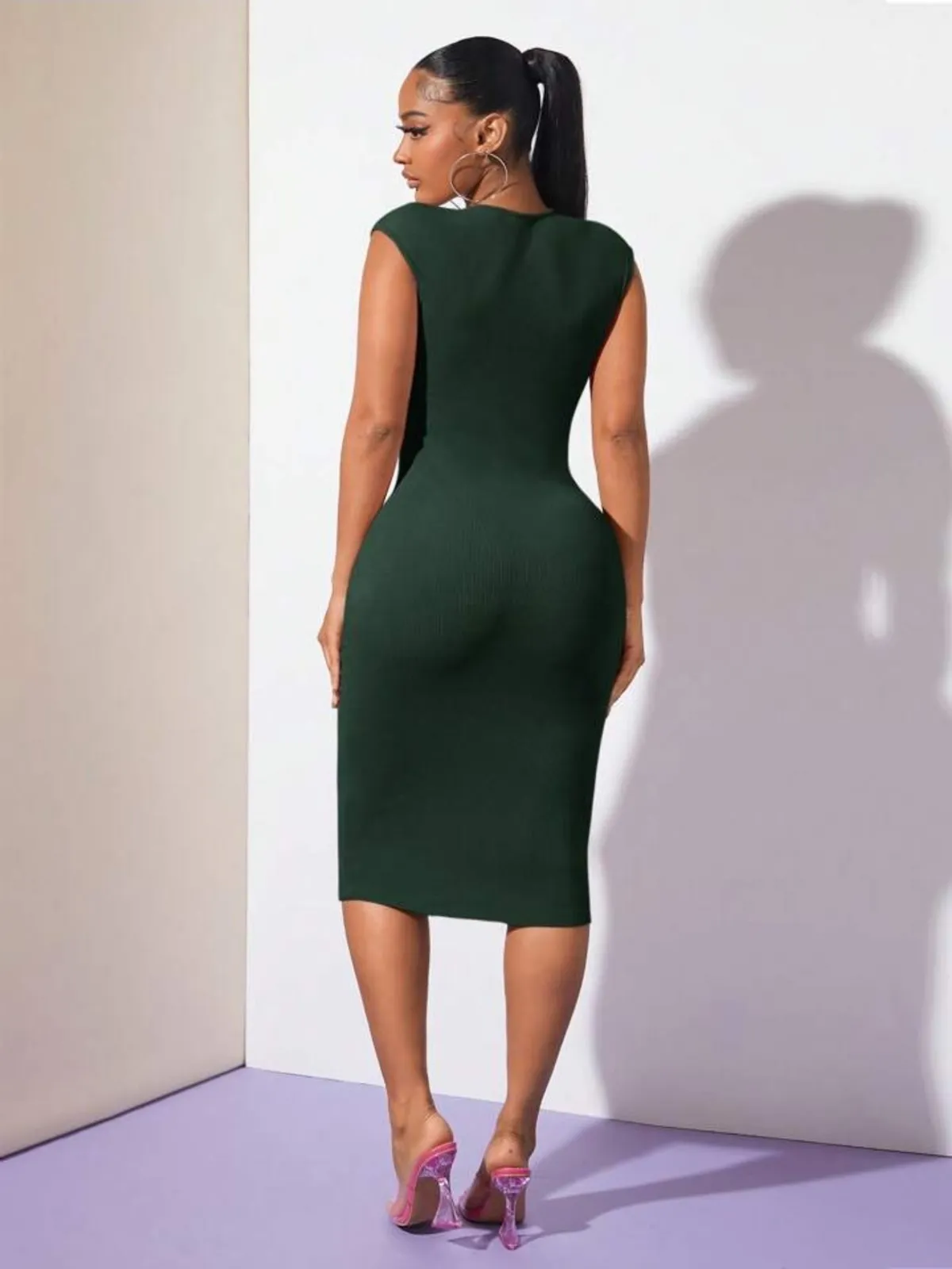 Women's Ribbed Knit V-neck Bodycon Dress - Size L