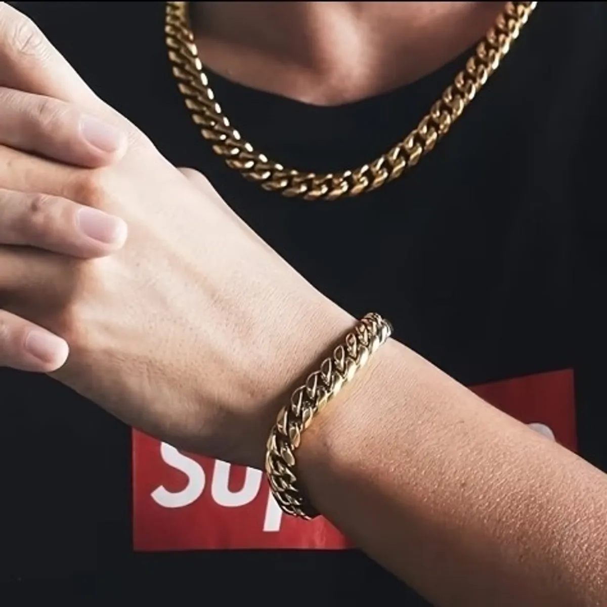 2pcs Gold  Hip Hop  Men Cuban Link Necklace & Bracelet Set