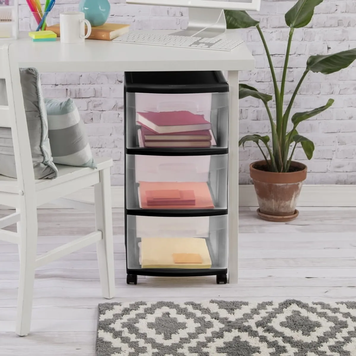 3 Drawer Medium Cart, Clear Plastic Storage Drawers, Wheels Included, Black