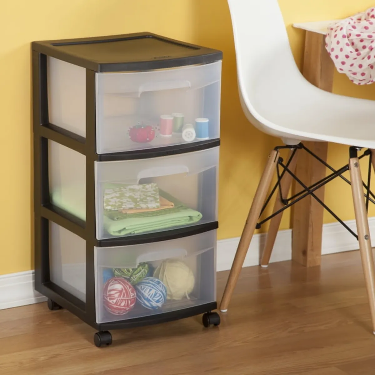 3 Drawer Medium Cart, Clear Plastic Storage Drawers, Wheels Included, Black