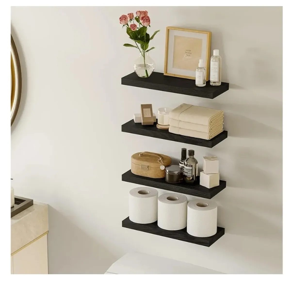 Fixwal Floating Shelves for Wall, Wall Mounted Rustic Wood Shelves for Bathroom, Living Room, Bedroom and Kitchen, Wall Shelves for Storage,Books,Room Decor (Black, Set of 4, 15.8 Inch)