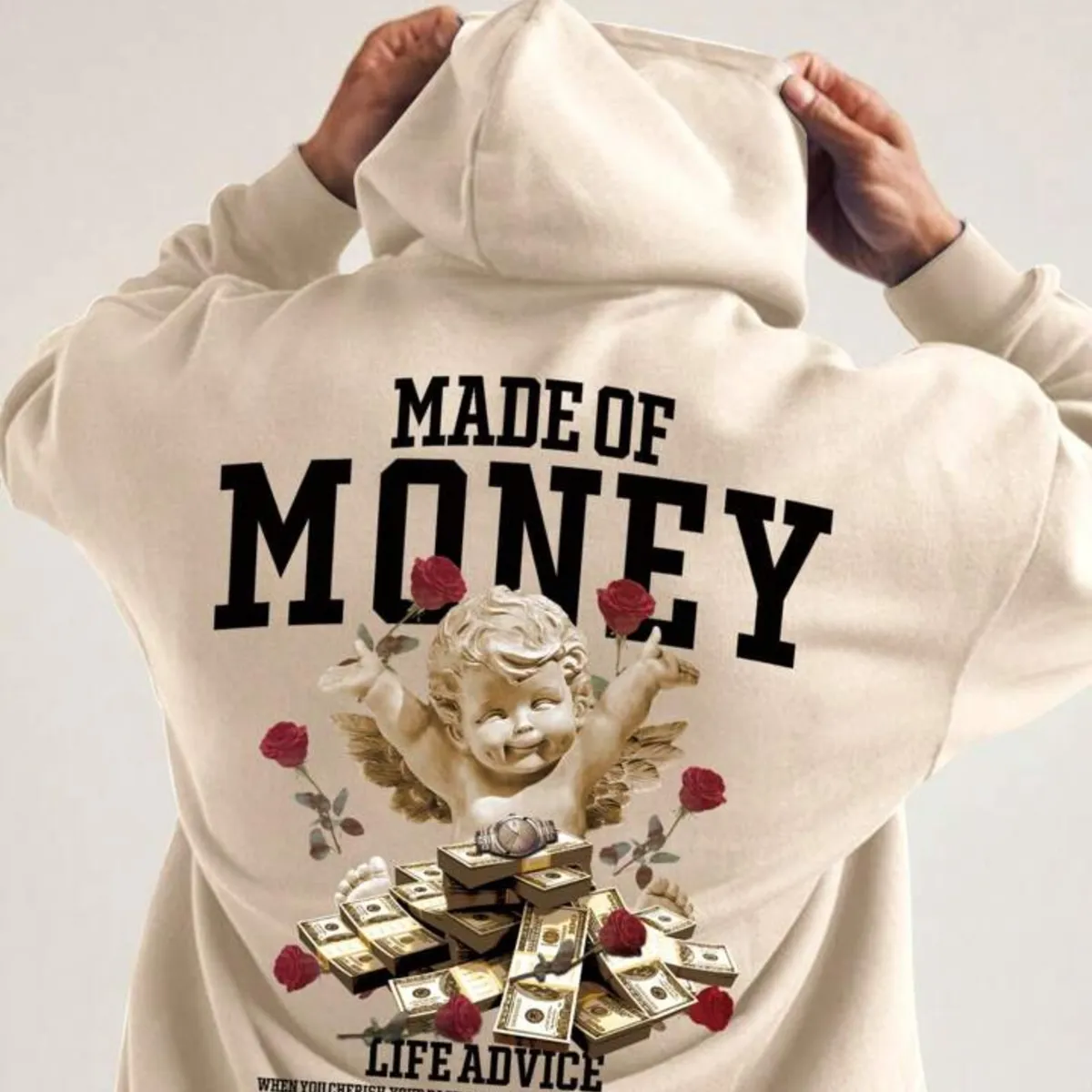 Roghcode Men Slogan & Floral Print Drawstring Thermal Hoodie - Size: S