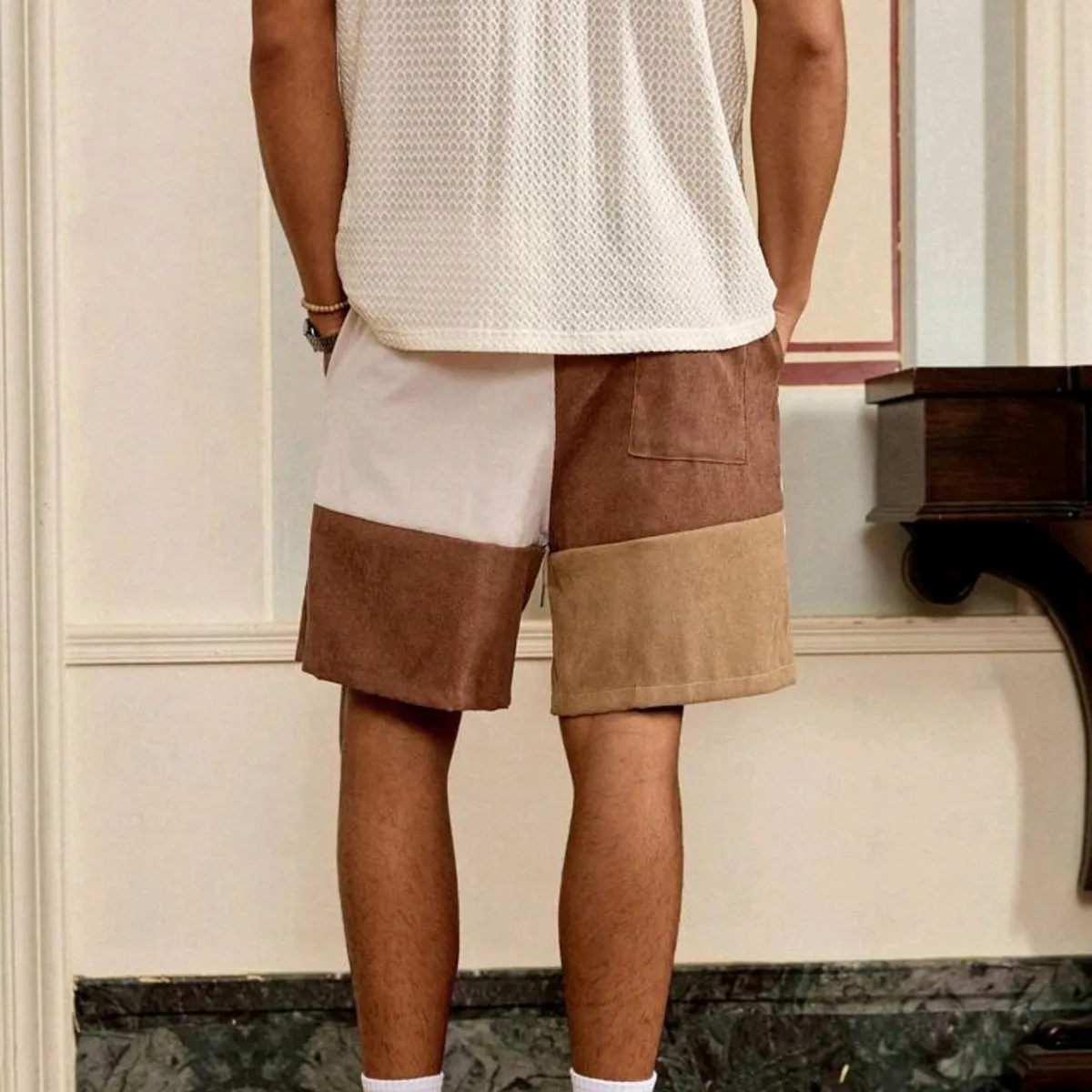 Men's Color Block Drawstring Waist Corduroy Shorts, Loose Fit - Size: S