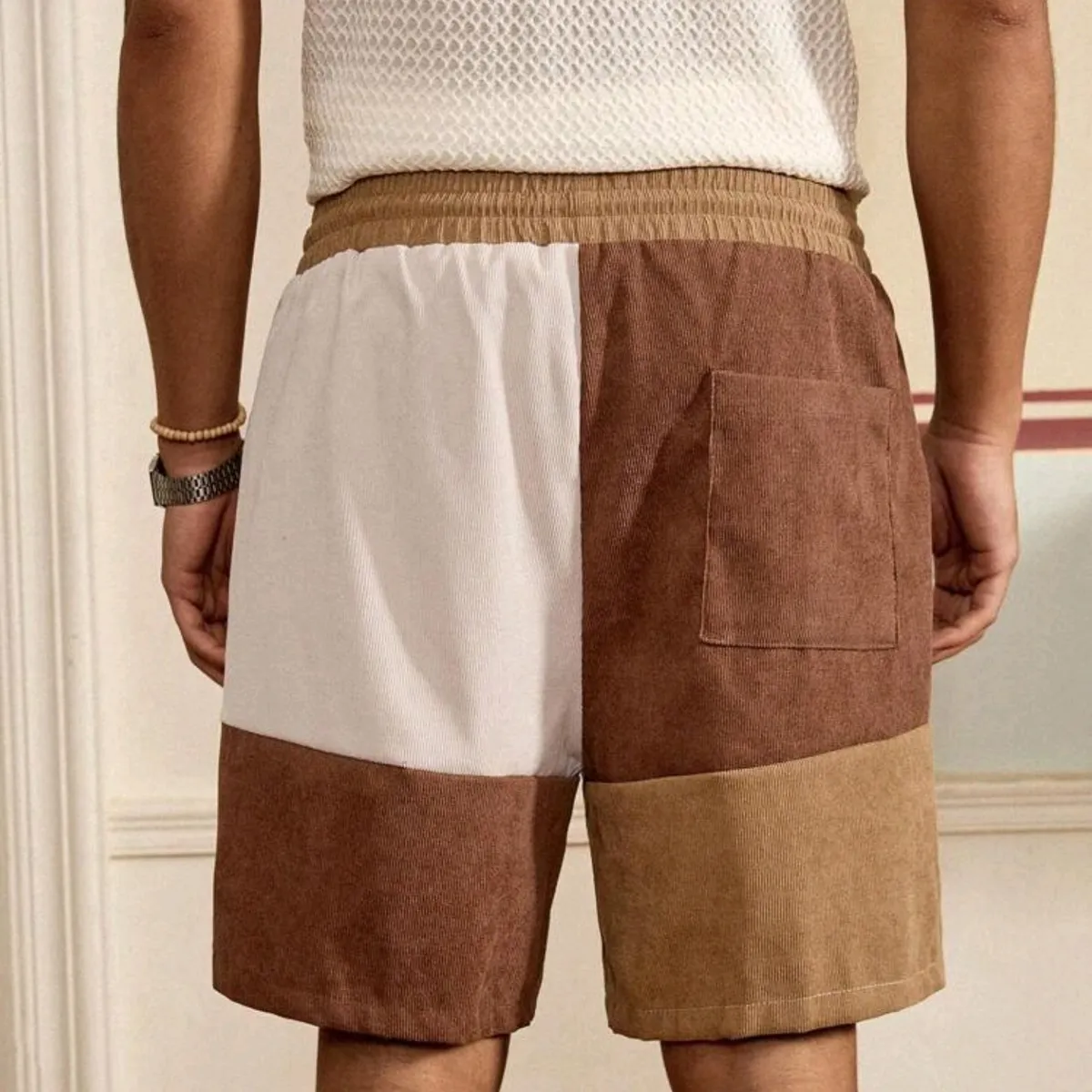 Men's Color Block Drawstring Waist Corduroy Shorts, Loose Fit - Size: S