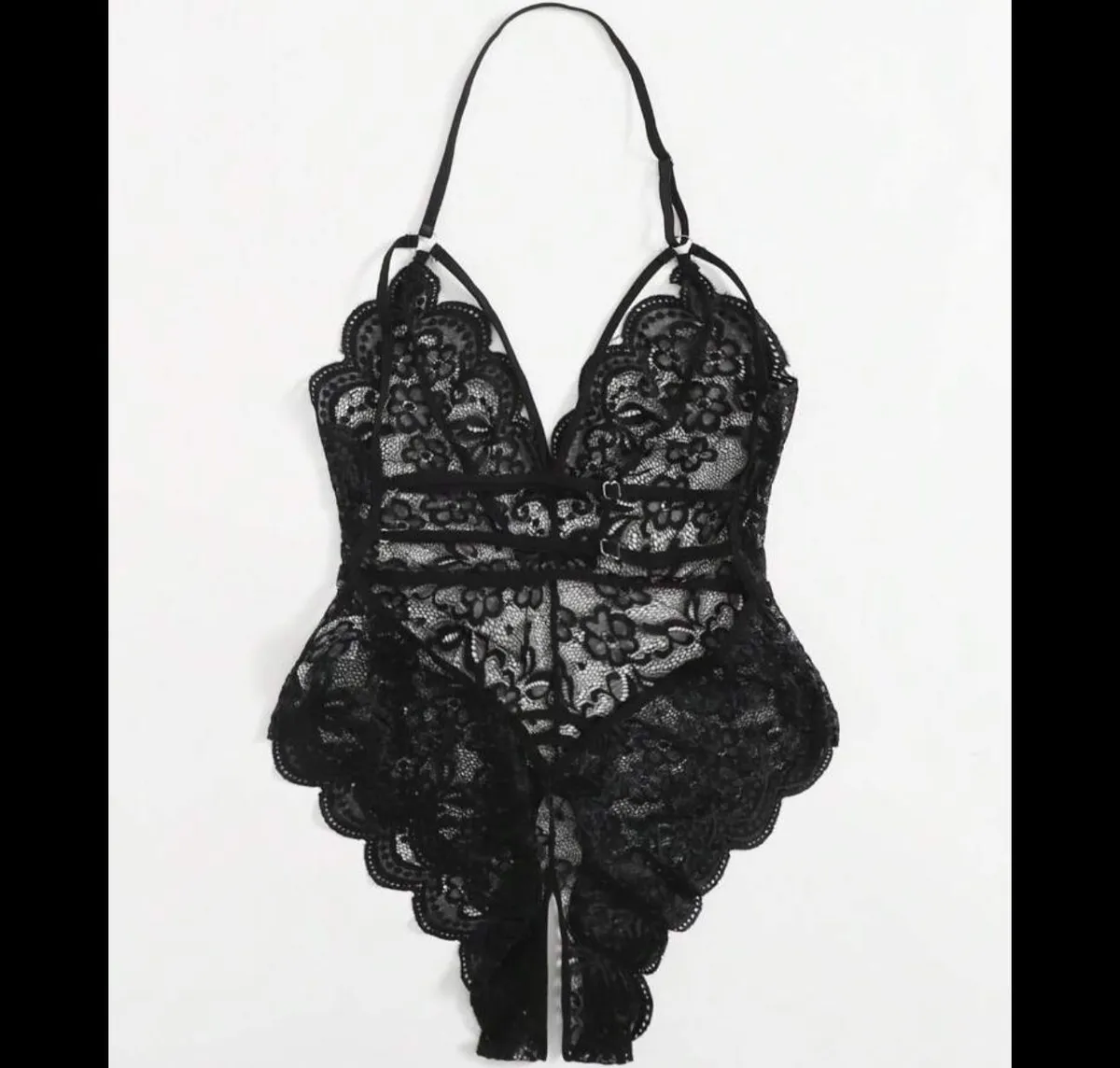 Floral Lace Scalloped Crotchless Teddy Bodysuit Black Lingerie - Size M.