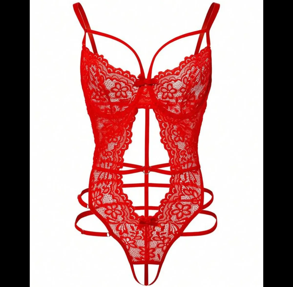 Floral Lace Cut Out Teddy Bodysuit Red Lingerie Bridallingerie - Size S