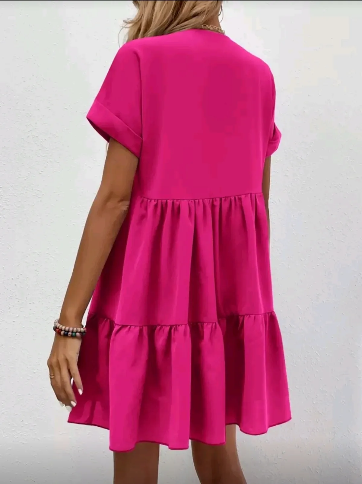 Roll Cuff Ruffle Hem Solid Dress - Size XS
