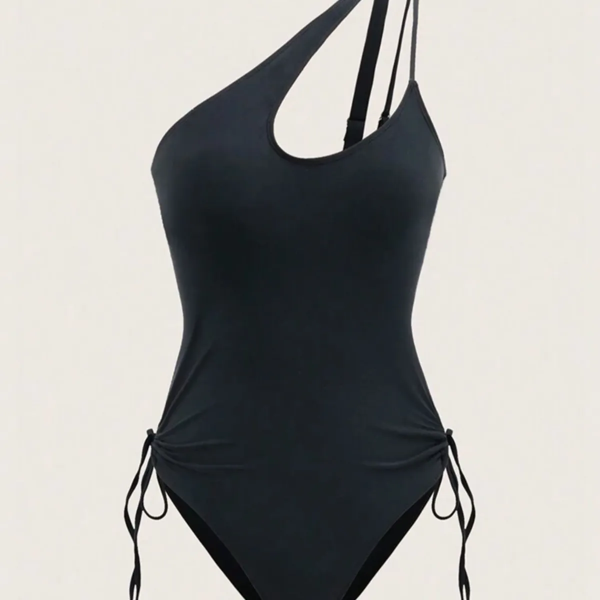 Women's One Shoulder Hollow Out One Piece Black Swimsuit With Cutout Hemline And Waist Tie Summer - Size M.