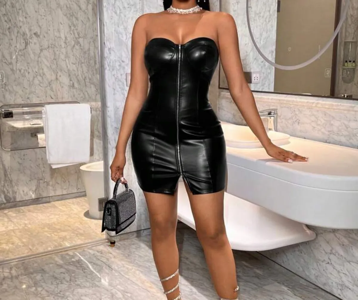 Front Zipper Slim Fit Pu Strapless Black Dress - Size S US 4.