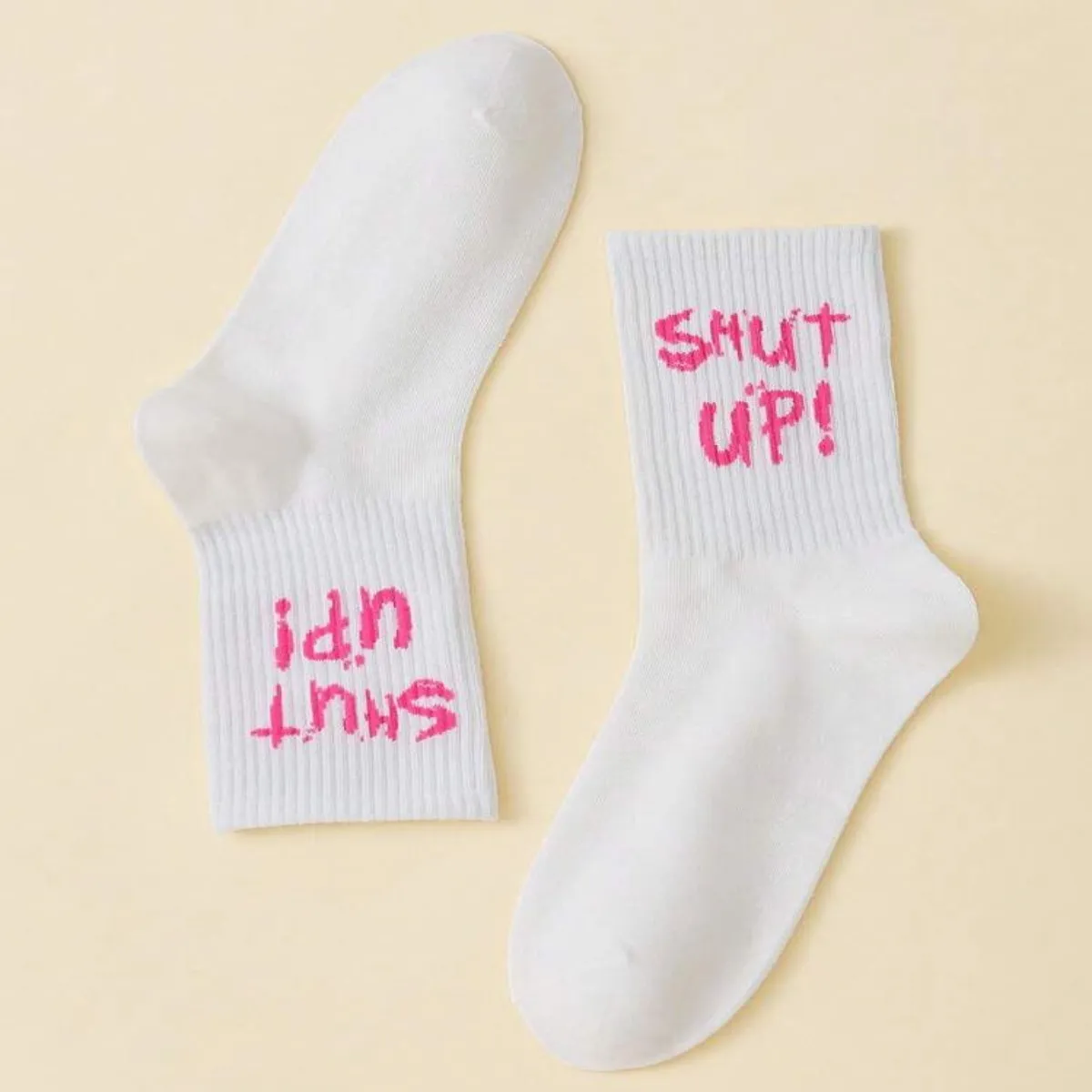White Mid-Calf Socks W Pink Shut Up Print