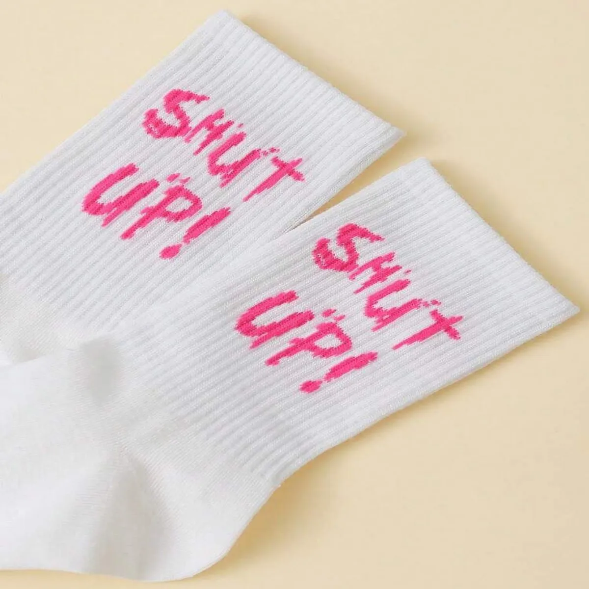 White Mid-Calf Socks W Pink Shut Up Print