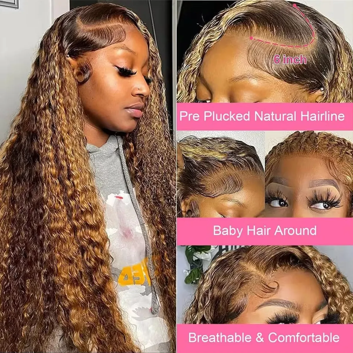 32 inch Highlight Ombre Lace Front Wig  Mixed Fiber Hair 13x4 HD Honey Blonde Deep Wave Lace Frontal Wig 180 Density.