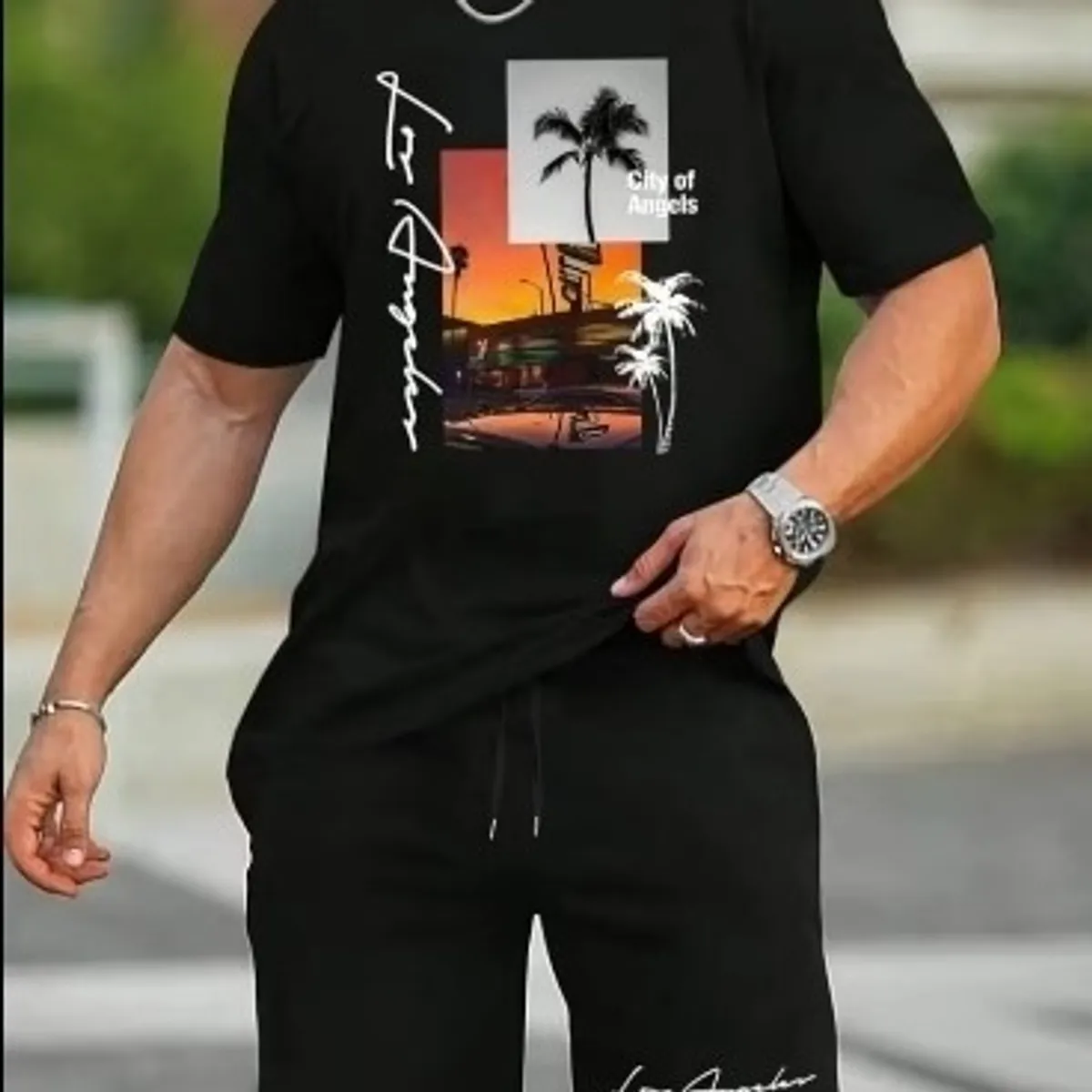 Men's  Black Short-Sleeved Top and Short Set-Size L