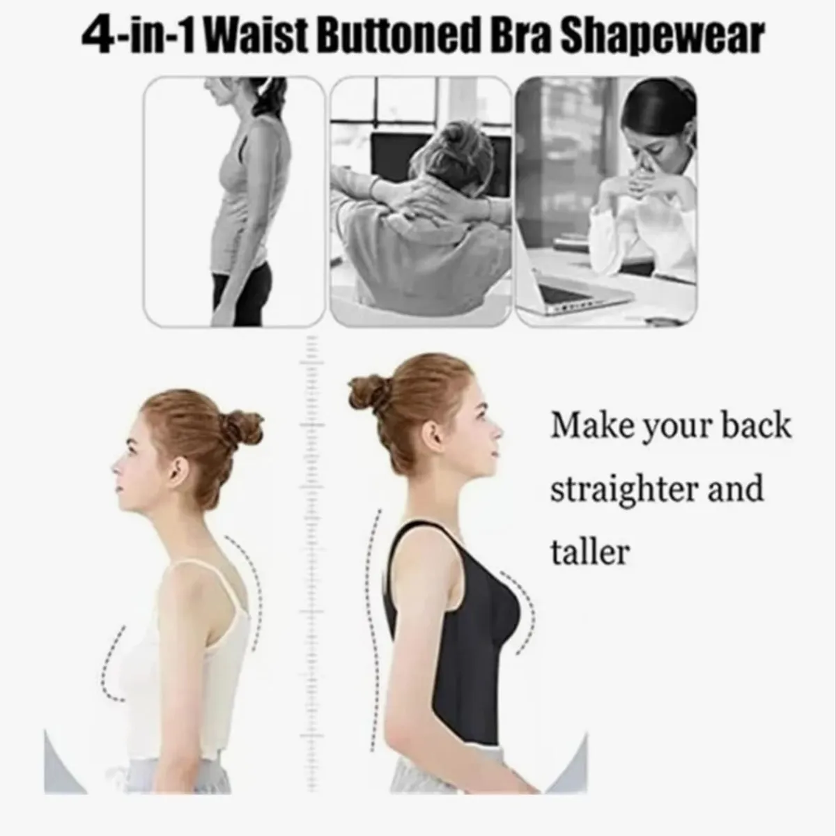4-in-1 Waist Button Bra Shapewear Women  Black (Size L)