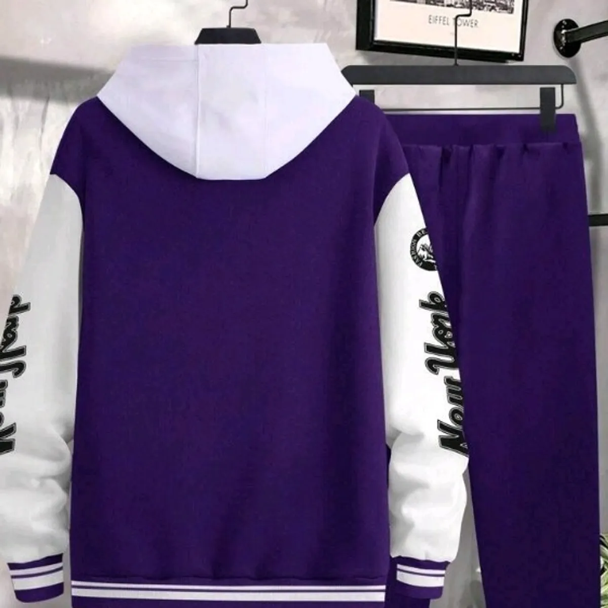 Men's  Purple NY Slogan Printed Jacket And Pants Set-Size S