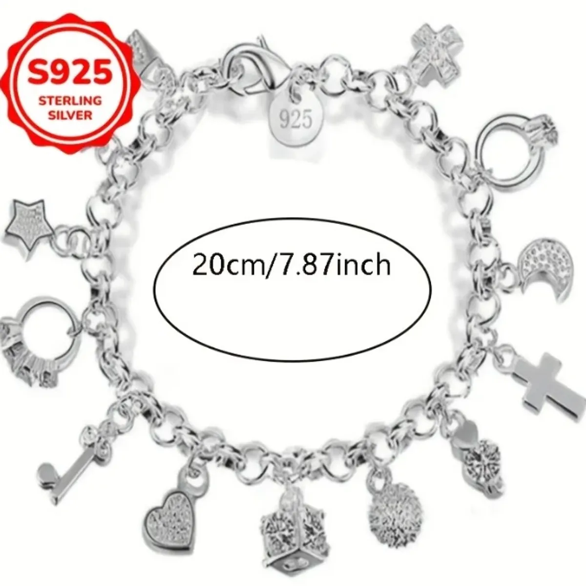 925 Silver Multi-Charm Bracelet with 13 Charms