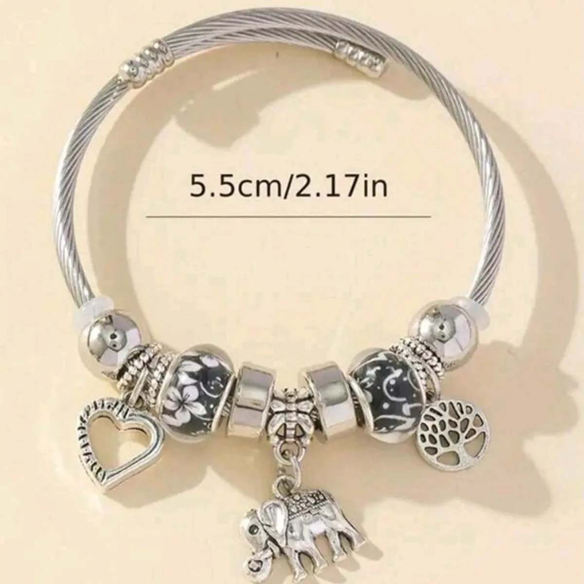 1pcs Silver-Plated Stainless Steel Bangle With Elephant, Heart & Life Tree Charms, Floral Beads