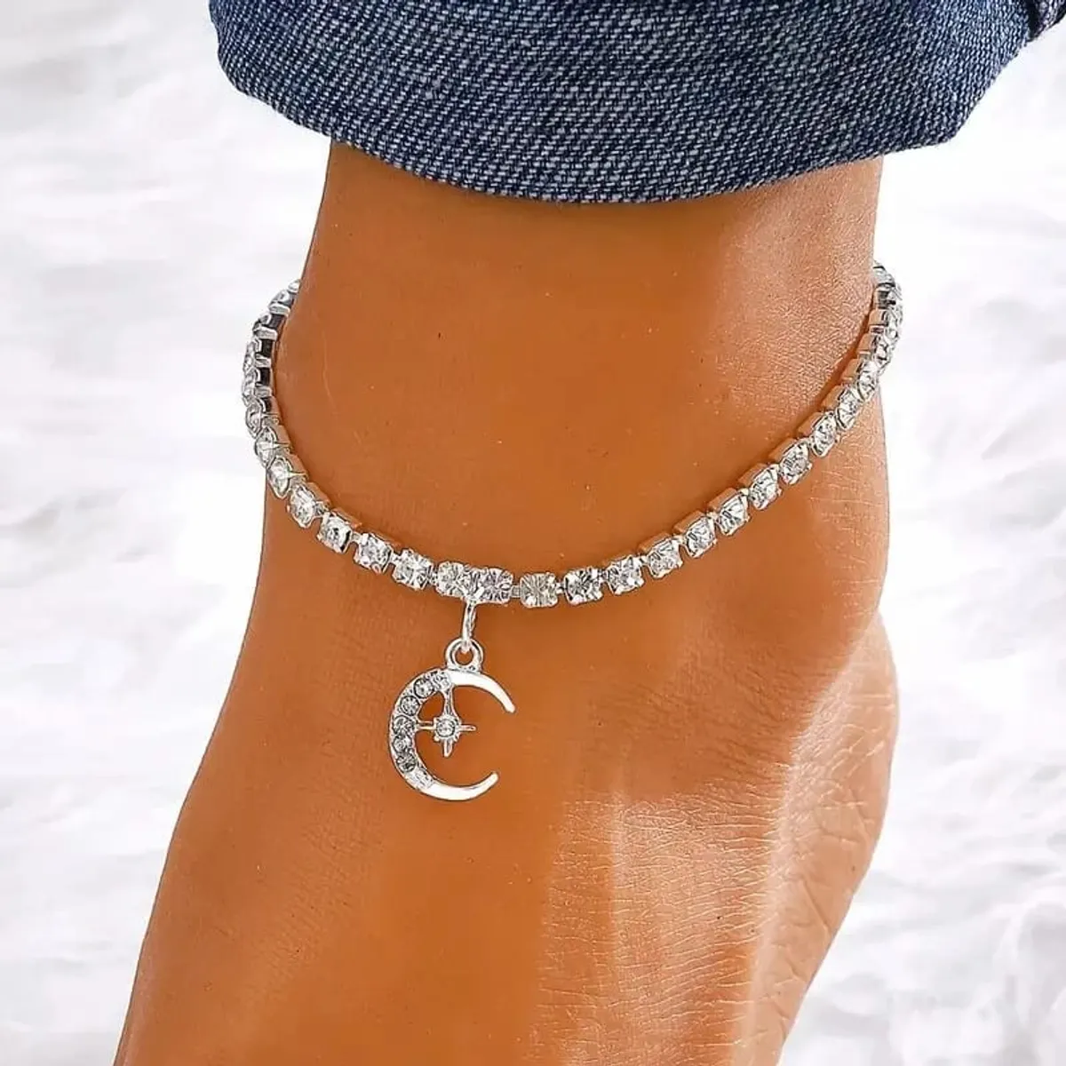 Moon Star Tennis Pendant Bling Anklet Shiny Rhinestone Foot Beach Party Silvery
