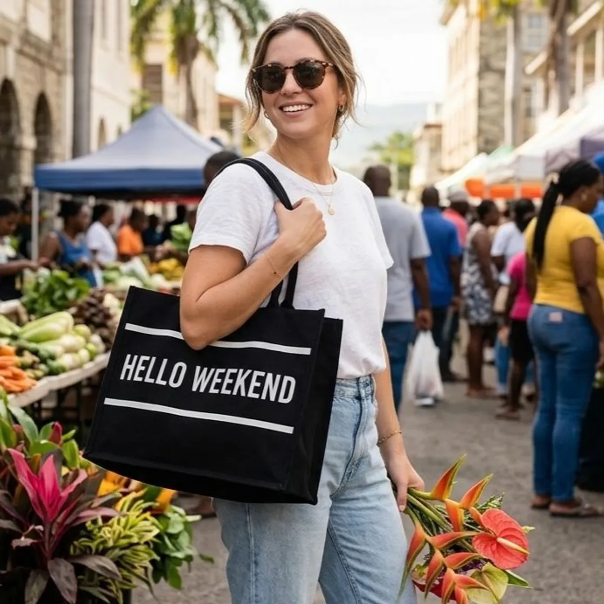 Women’s Black Hello Weekend Print Tote Handbag